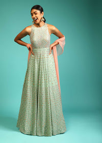 Opaline Green Anarkali Suit In Georgette With Halter Neckline And Multi Colored Resham And Mirror Embroidery All Over