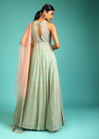 Opaline Green Anarkali Suit In Georgette With Halter Neckline And Multi Colored Resham And Mirror Embroidery All Over