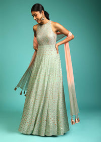 Opaline Green Anarkali Suit In Georgette With Halter Neckline And Multi Colored Resham And Mirror Embroidery All Over