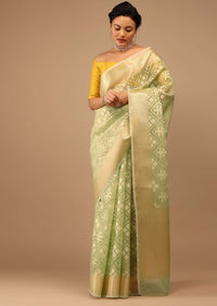 Moss Green In Handloom Cotton And Banarasi Chanderi Geometric Woven Pattern