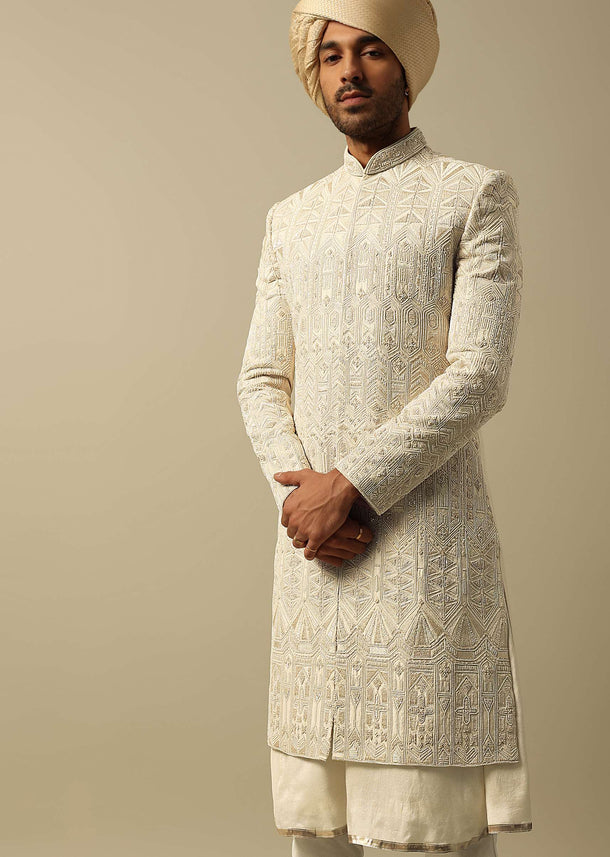 Opulent Beige Banarasi Silk Sherwani