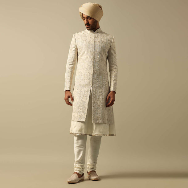 Opulent Beige Banarasi Silk Sherwani