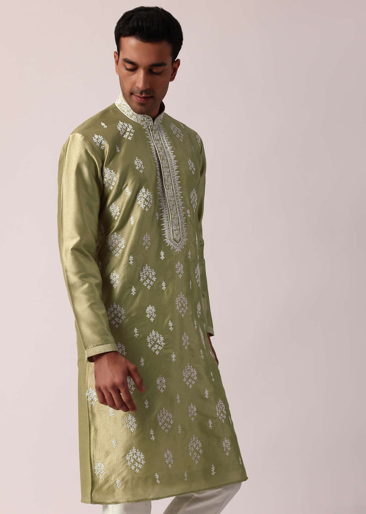 Opulent Gold Silk Kurta Set For Men