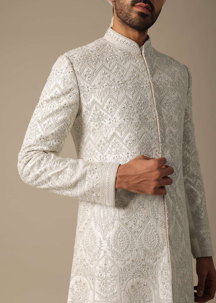 Opulent White Silk Sherwani Set