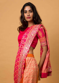 Orange And Fuchsia Shaded Dhoti Saree In Georgette With Brocade Jaal All Over Online - Kalki Fashion