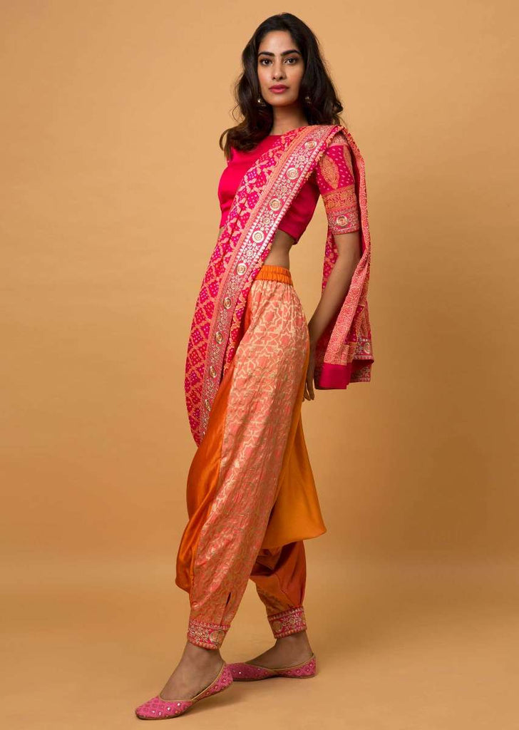 Orange And Fuchsia Shaded Dhoti Saree In Georgette With Brocade Jaal All Over Online - Kalki Fashion