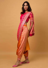 Orange And Fuchsia Shaded Dhoti Saree In Georgette With Brocade Jaal All Over Online - Kalki Fashion