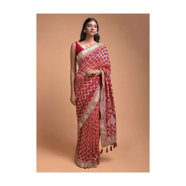 Orange And Red Shaded Saree In Georgette With Bandhani Print And Weaved Checks Online - Kalki Fashion