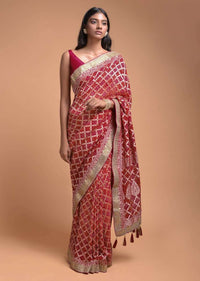 Orange And Red Shaded Saree In Georgette With Bandhani Print And Weaved Checks Online - Kalki Fashion