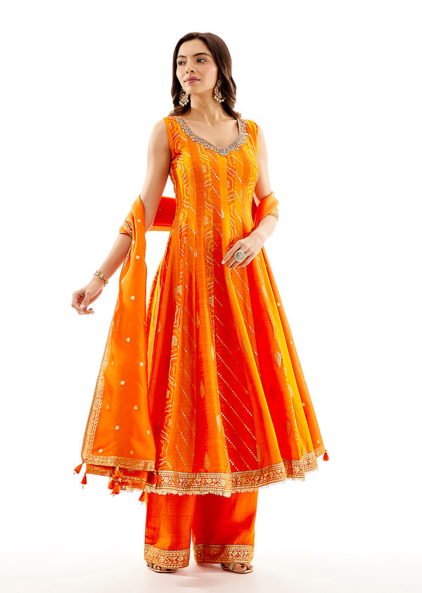 Orange Banarasi Silk Anarkali Dupatta Set With Zardosi Neck Work