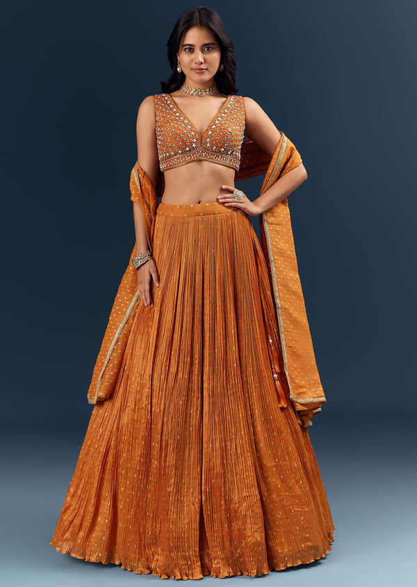 Rust Orange Banarasi Silk Hand Embroidered Lehenga Choli Set
