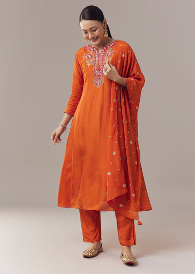 Orange Bandhani Anarkali With Zardosi And Sequins Work And Dupatta