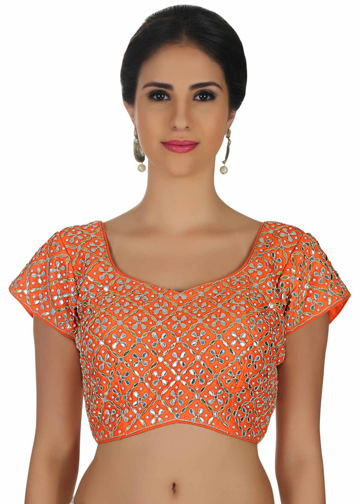 Orange blouse in raw silk with gotta patti embroidery only on Kalki