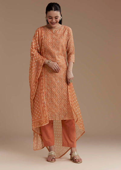 Orange Chanderi Floral Print Kurta Set with Gotta Work