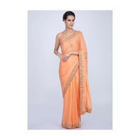 Orange chiffon silk saree with embroidered butti border only on Kalki