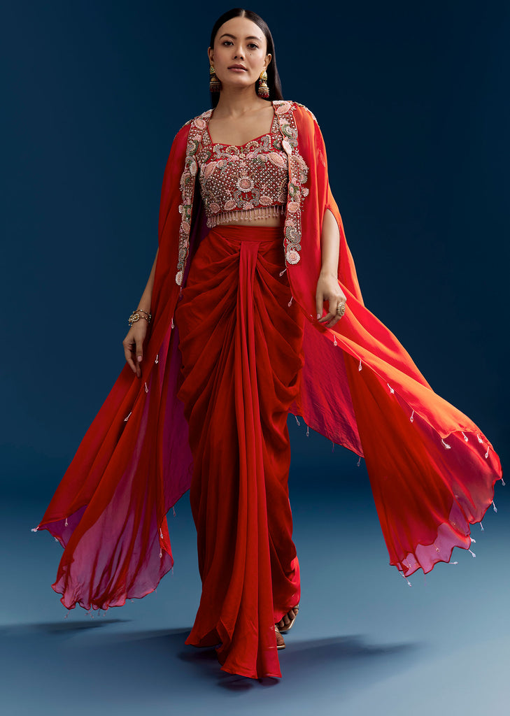 Orange Crop Top Skirt Set With Embroidered Cape
