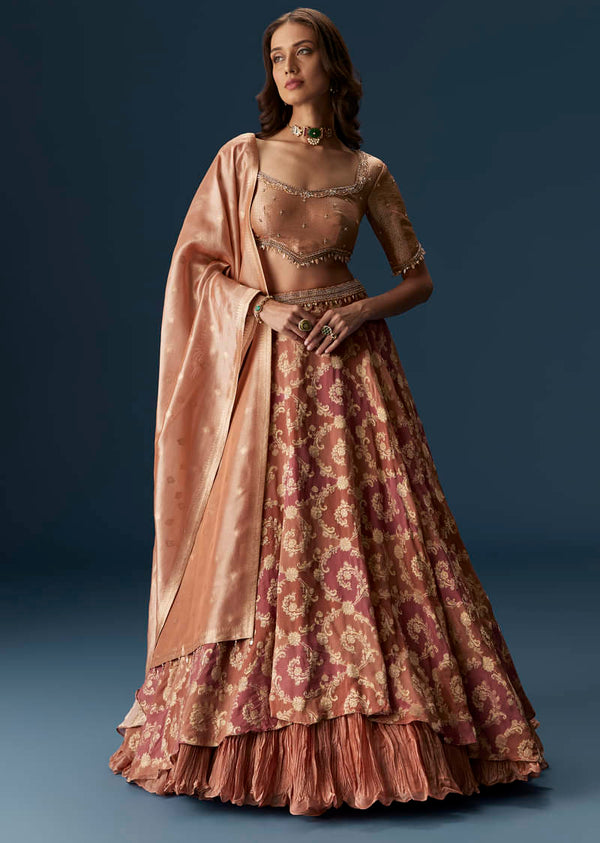 Orange Embroidered Blouse With Ruching Lehenga And Tassel Dupatta