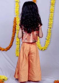 Orange Flower Jacket With Layered Palazzo And Pink Crop Top Online - Kalki Fashion