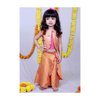 Orange Flower Jacket With Layered Palazzo And Pink Crop Top Online - Kalki Fashion