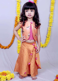 Orange Flower Jacket With Layered Palazzo And Pink Crop Top Online - Kalki Fashion