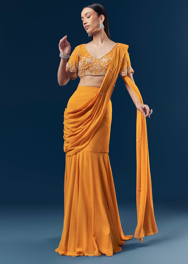 Orange Georgette Fish-Cut Ready Pleated Saree With Cutdana And Sequin Embroidered Blouse