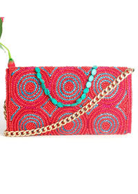 Orange Hand Embroidered Bag With Turquoise Lock Stone And Beads Work By Sole House