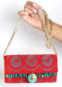 Orange Hand Embroidered Bag With Turquoise Lock Stone And Beads Work By Sole House