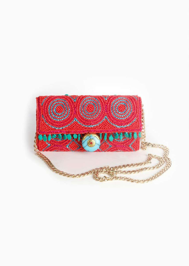 Orange Hand Embroidered Bag With Turquoise Lock Stone And Beads Work By Sole House