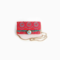 Orange Hand Embroidered Bag With Turquoise Lock Stone And Beads Work By Sole House