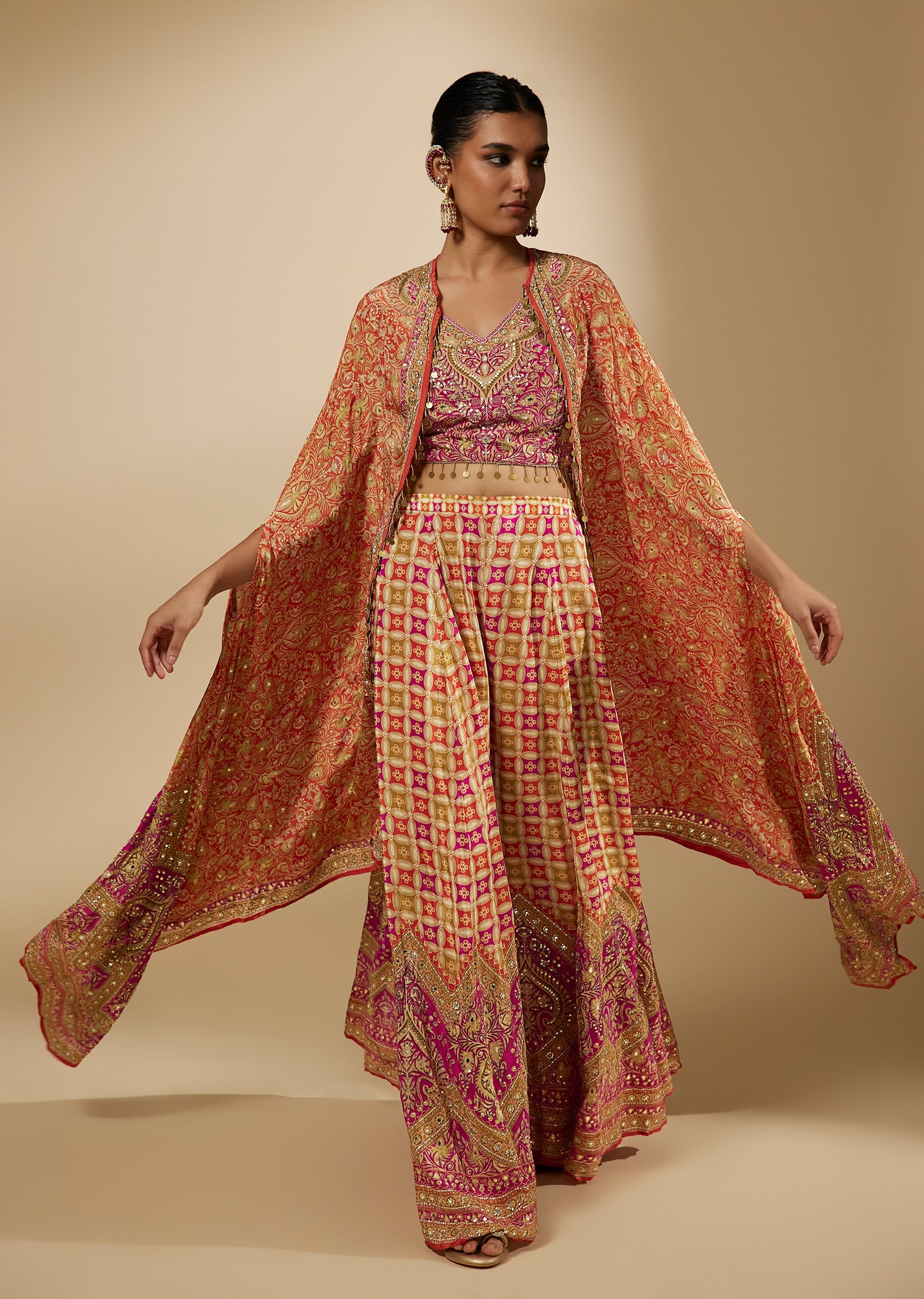Orange Indie Printed Crop Top Palazzo Set With Cape