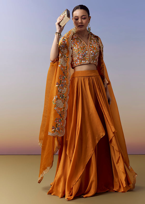 Orange Indo Western Crop Top Skirt Set With Parsi Work And Cape