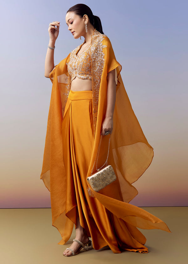 Orange Indo Western Crop Top Skirt Set With Zardosi Work And Organza Cape