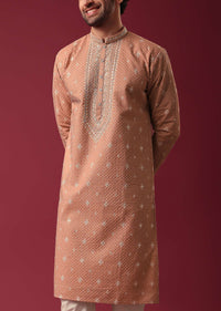 Orange Kurta Set In Silk with Sequin Work