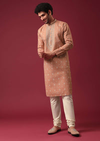 Orange Kurta Set In Silk with Sequin Work