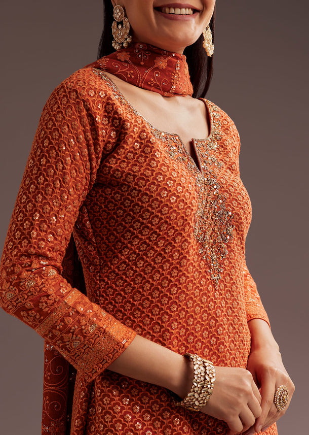 Orange Lucknowi Mirror Zardosi Kurta Palazzo Dupatta Set