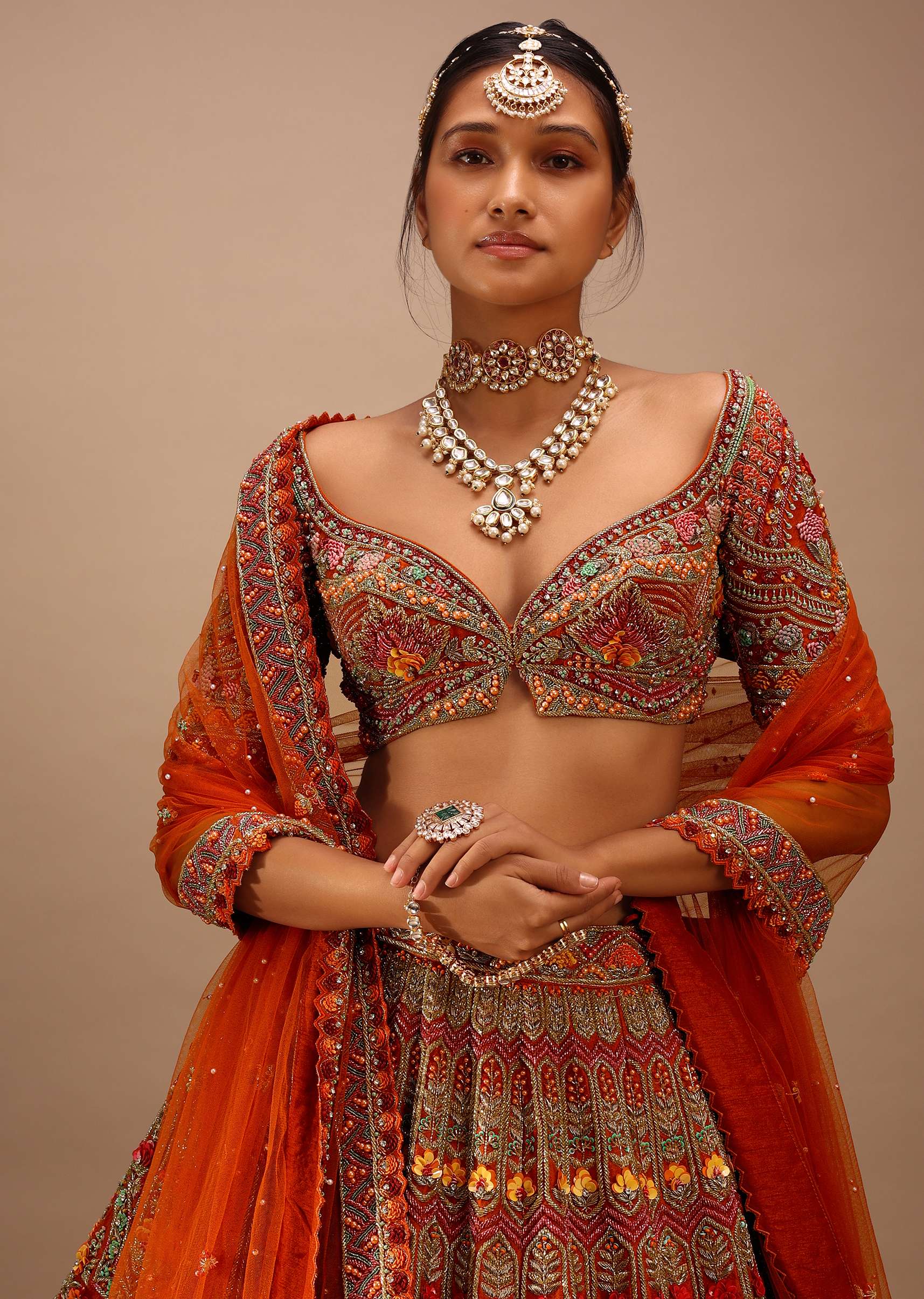 Orange Lehenga With Cut Dana Embroidery On The Choli