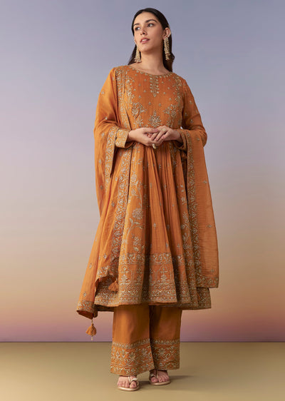 Orange Metallic Embroidered Anarkali Suit Set With Pant And Dupatta
