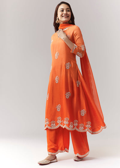 Orange Ombre Moti Gotta Anarkali Palazzo Set With Dupatta
