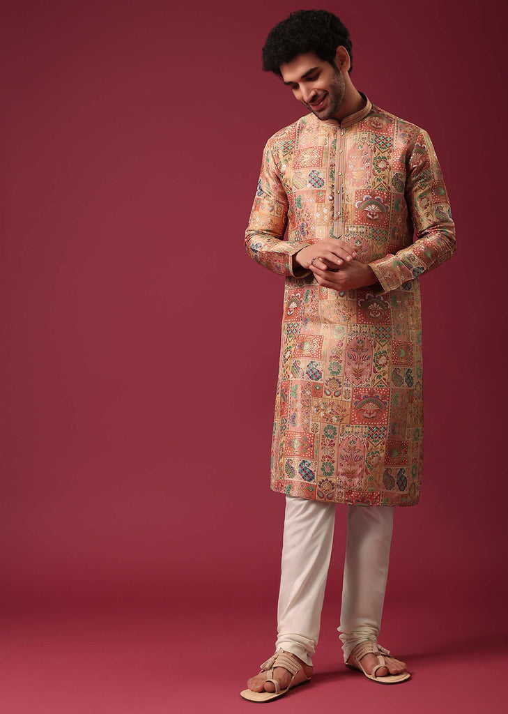 Orange Printed Kurta Set In Silk