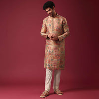 Orange Printed Kurta Set In Silk