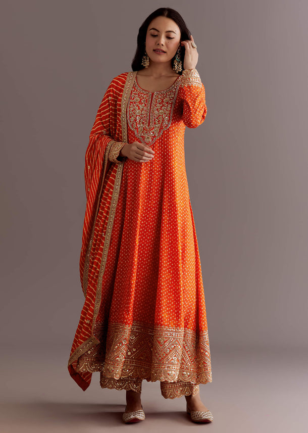 Orange Russian Silk Bandhani Anarkali Dupatta Suit