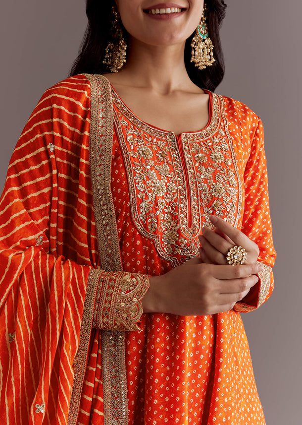 Orange Russian Silk Bandhani Anarkali Dupatta Suit