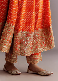 Orange Russian Silk Bandhani Anarkali Dupatta Suit