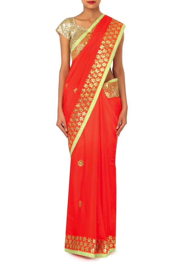 Orange Saree With Gotta Patch Embroidered Border Online - Kalki Fashion