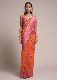 Orange Saree In Silk With Woven Bandhani And Mesh Design And Contrasting Magenta Border Online - Kalki Fashion