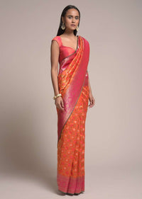 Orange Saree In Silk With Woven Bandhani And Mesh Design And Contrasting Magenta Border Online - Kalki Fashion