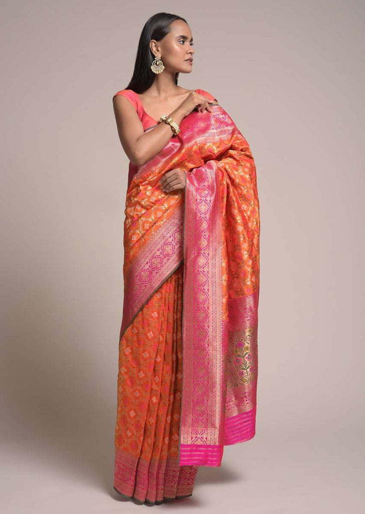 Orange Saree In Silk With Woven Bandhani And Mesh Design And Contrasting Magenta Border Online - Kalki Fashion