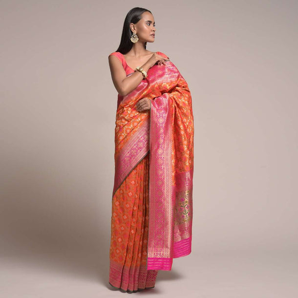 Orange Saree In Silk With Woven Bandhani And Mesh Design And Contrasting Magenta Border Online - Kalki Fashion