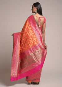 Orange Saree In Silk With Woven Bandhani And Mesh Design And Contrasting Magenta Border Online - Kalki Fashion