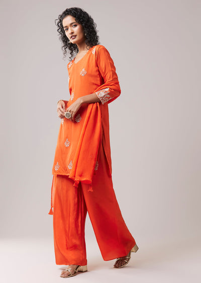 Orange Silk Kurta Palazzo Set with Cutdana Work